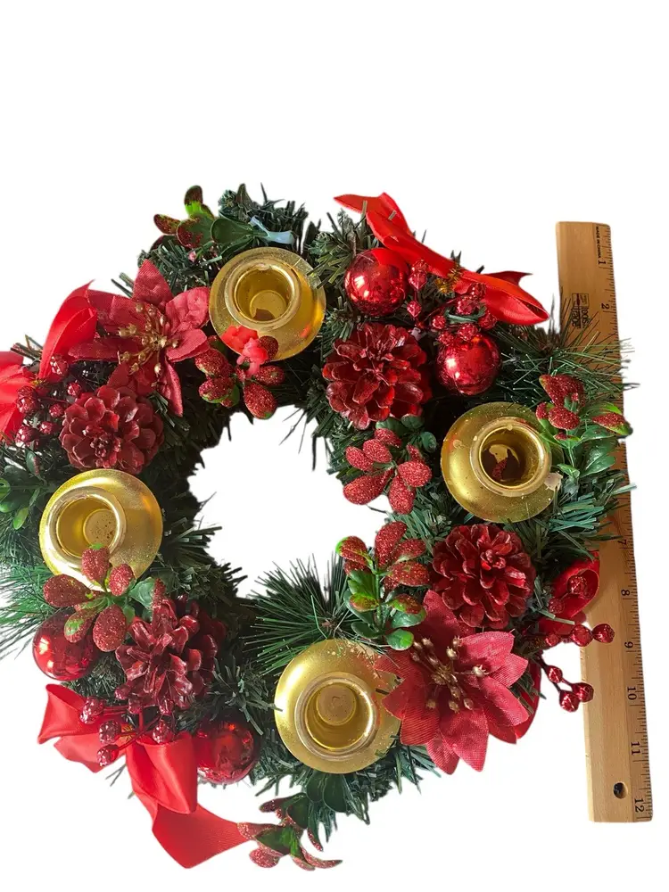 Red Ribbon Christmas Advent Holiday Wreath Candle Holder Silk Flower Centerpiece. Vintage