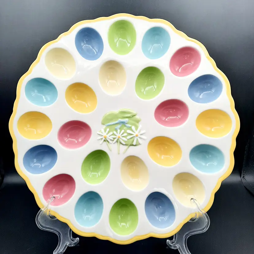 Pier 1 Easter Deviled Egg Plate Bunny Pastel Pink Blue Green Yellow 24 Eggs