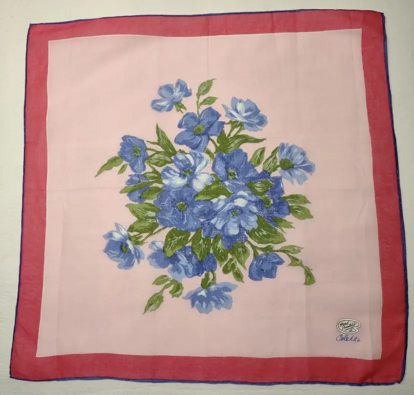 Vtg Designer Hankie Colette 14.75x15.25 hand painted floral in blue/white on pink bckgrd 26CG04 H566