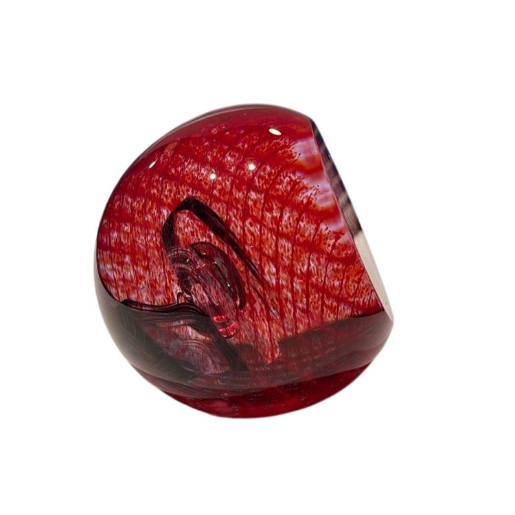 Caithness “Vortice” Signed/Numbered Art Glass Paperweight - 3.5” Window Facet Red Black Swirls, Controlled Bubble Center