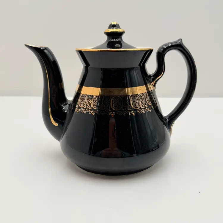 Hall China Vintage Ceramic Black And Gold Teapot