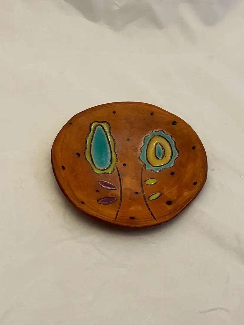 Terracotta Floral Trinket Dish, Signed, EUC