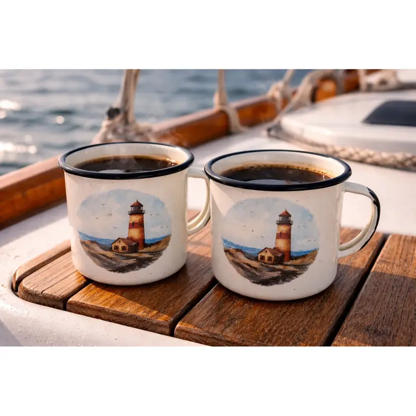 Metal Lighthouse Scene Coffee Tea Mugs By Lee Seed Co.