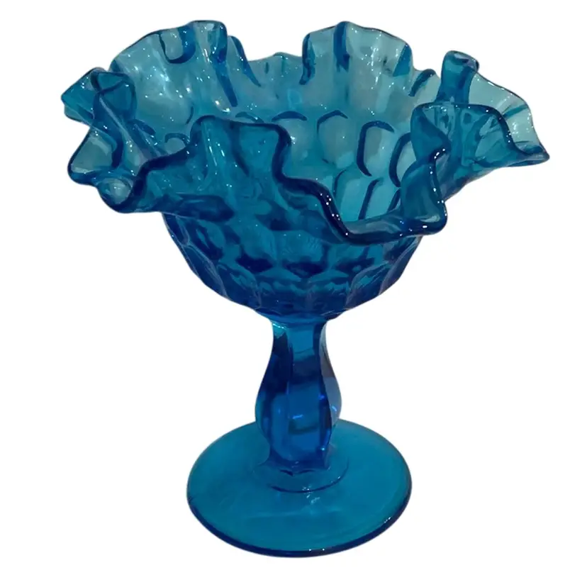 Beautiful Vintage Fenton Colonial Blue Pedestal Ruffle Edge Thumbprint Candy Dish Compote