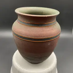 Handcrafted Ceramic Raku Vase With Earthy Tones & Brass Wire Signed Collis G '97