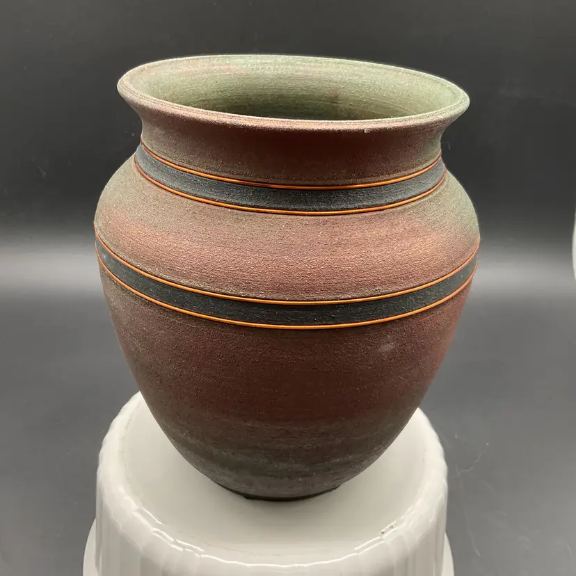 Handcrafted Ceramic Raku Vase With Earthy Tones & Brass Wire Signed Collis G '97