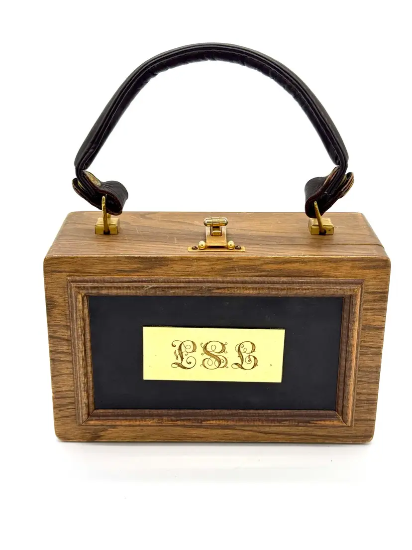 Handbag Vintage Handmade Wood Box Purse, leather handle; removable gold plate; cushioned vintage pattern interior; circa 50's/60's;  8”W