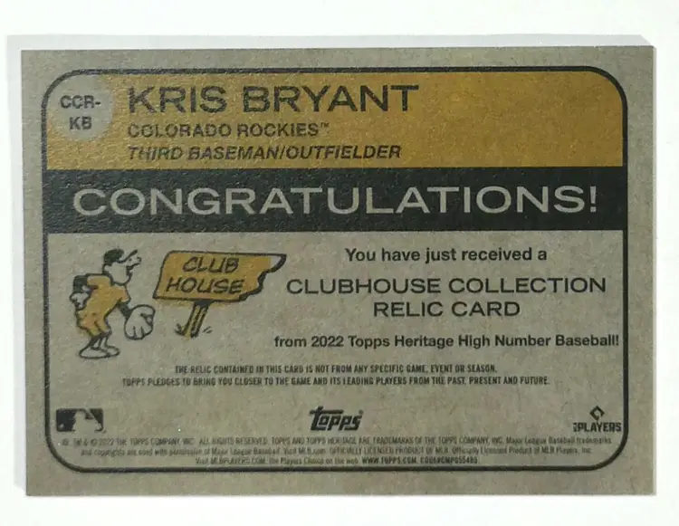 Topps 2022 CCR-KB HN Heritage Kris Bryant Colorado Rockies Game Used Relic Baseball