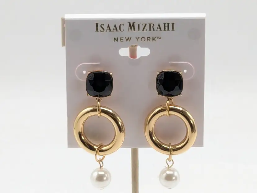 Isaac Mizrahi Gold Tone Earrings with Black and Faux Pearl Drop NWT