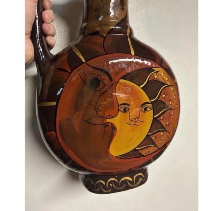 Large Hand Painted Sun And Moon Terracotta Vase