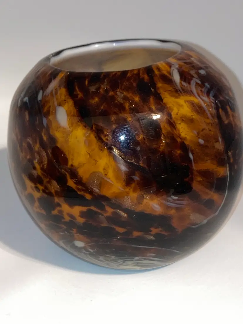 Handblown Art Glass Leopard Aventurine Striped Vase Or Candle Holder With Gold Flecks! 4 3/4” Tall 5” Wide!