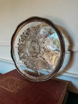 Vintage Georges Briard Silver over Gold Floral Inlay Pedestal Cake Stand, Signed