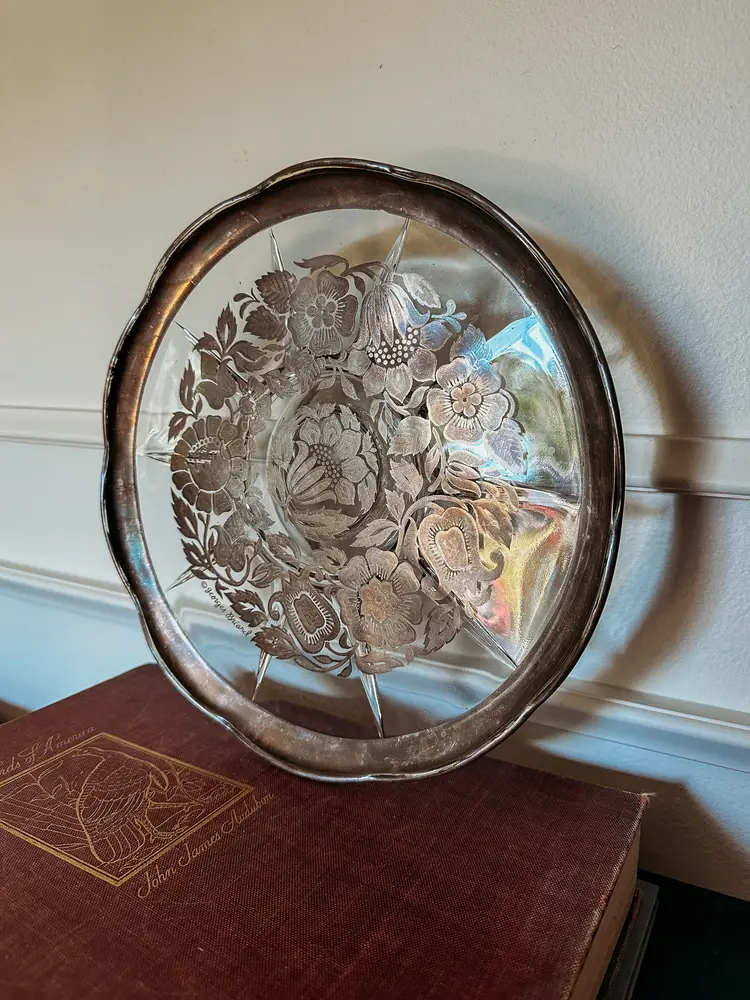 Vintage Georges Briard Silver over Gold Floral Inlay Pedestal Cake Stand, Signed