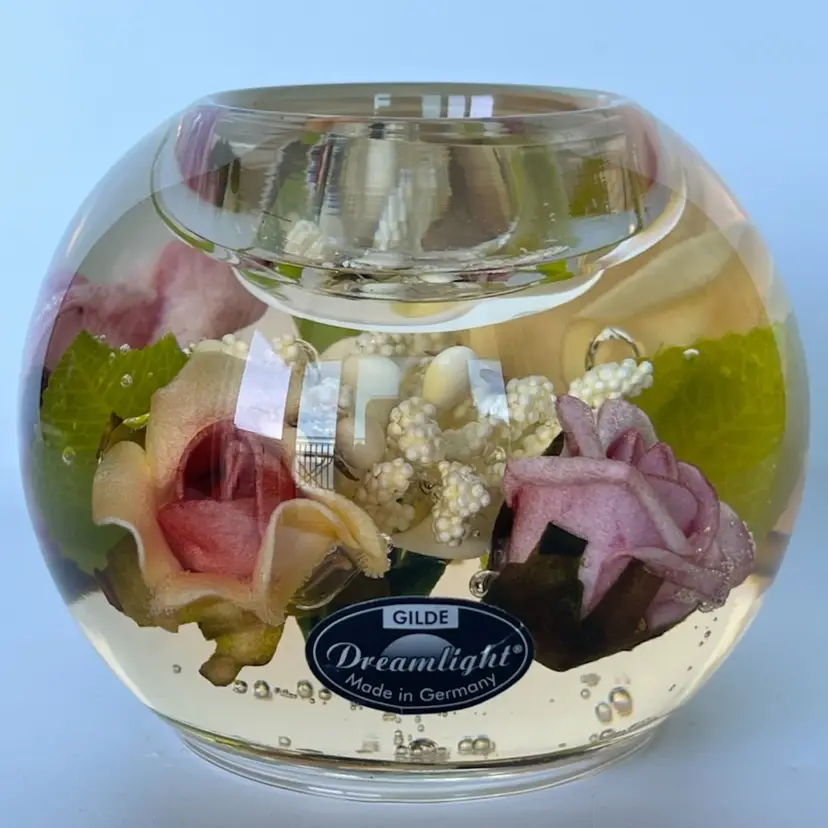 Gilde Dreamlight -Floral- Tealight - Glass Candle Holder – Encased Roses – Made in Germany - 3” Tall, 3.75” Wide- Pretty!