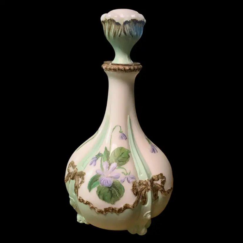 08. Antique Victorian Barbershop Milk Glass Decanter Flowers Raised Patterns Green