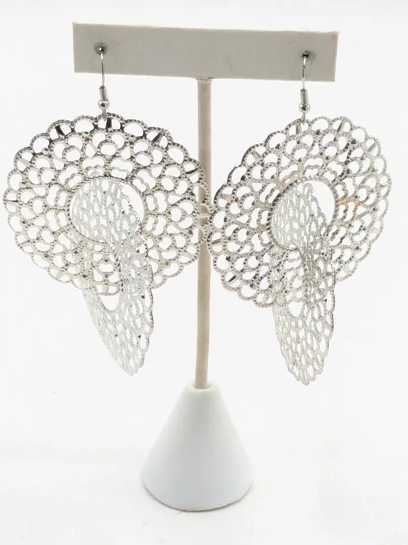 Silver Tone Filigree Double Round Dangle Earrings