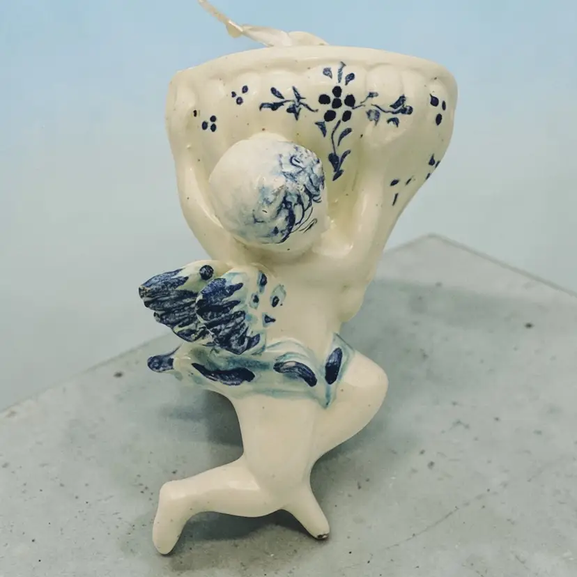 Vtg Holy Angel Cherub Holy Water Font Hand Painted Blue White Ceramic Wall Mount