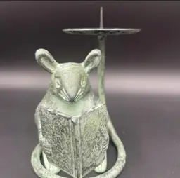 Vintage Bonze Patina Reading Mouse Pillar Candle Holder