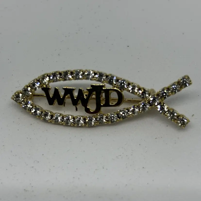 WWJD Crystal Clear Rhinestone What Would Jesus Do Fish Shape Christian Brooch