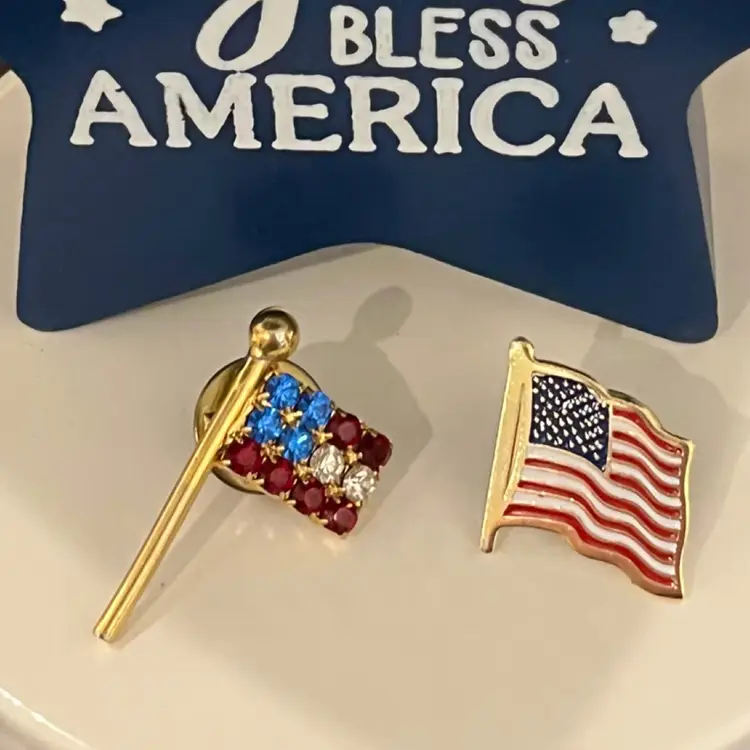 USA Flag Lapel Rhinestone Pin Vintage Gold Tone Set of 2