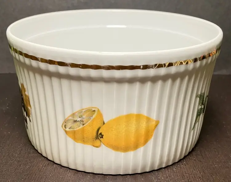 VTG Royal Worcester Evesham Gold Porcelain Souffle Dish Fruit Motif