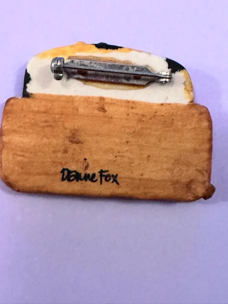 Pottery Or Ceramic fat Cat in a basket  Brooch And Signed