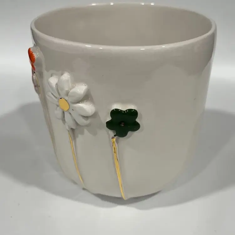 Ceramic Coffee Mug with 5 Dimensional Flowers- Gold Stems- Gold Detail Om Handle. 3.75 Tall, 5” Wide