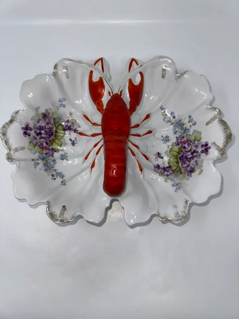 Antique German Porcelain Lobster Serving Dish Floral Carl Tielsch Altwasser