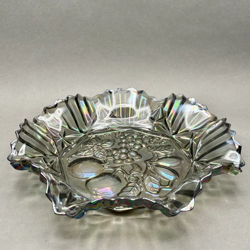 Vintage Federal Glass Smokey Gray “Pioneer” Carnival Glass Fruit Bowl