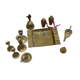 11 Various Brass Pieces- Candlesticks, Tray, Bells