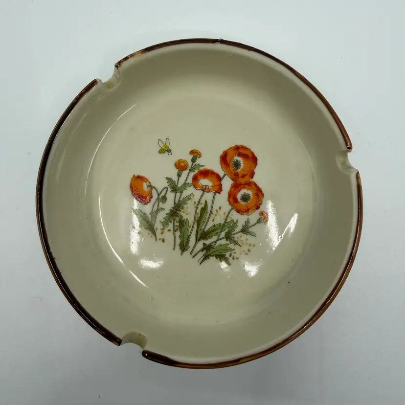 Vintage 70s Ceramic Porcelain Ashtray Painted Poppie Flowers & Butterfly MCM