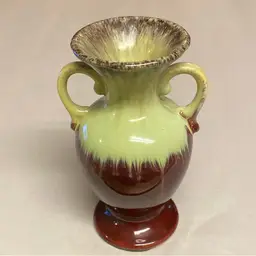#0957a (larger)West German Brown And Yellow Drip Glaze Double Handle Vase 7” X 4.4”