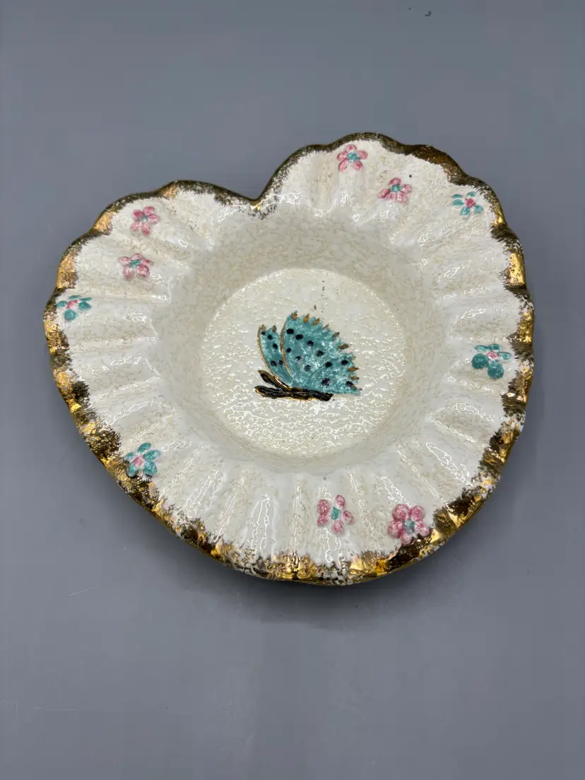 Vintage Hull pottery heart shape dish butterfly center