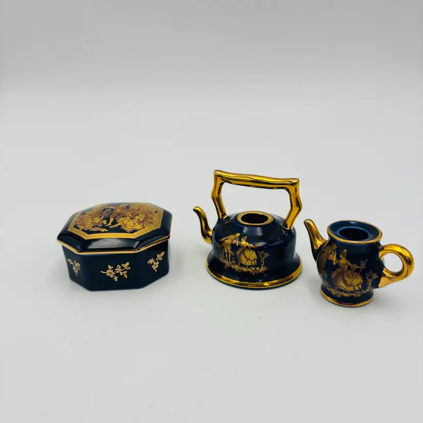 Vintage Limoges Castel France Porcelain Trinket Box Cobalt Blue and 22K Gold