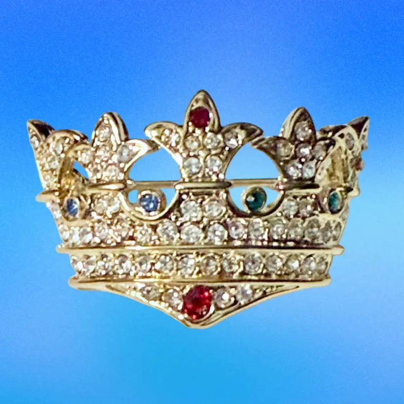 Vintage Rhinestone Multicolor 3D Crown Goldtone Brooch