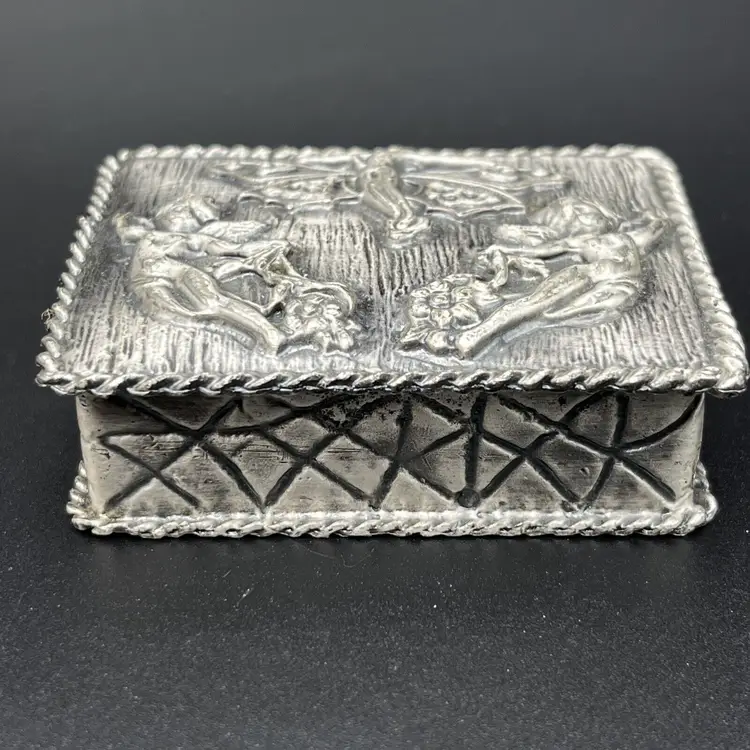 Vintage Pewter Fairy Cupid Valentine Cherub Trinket Gift Box Red Velvet Lined