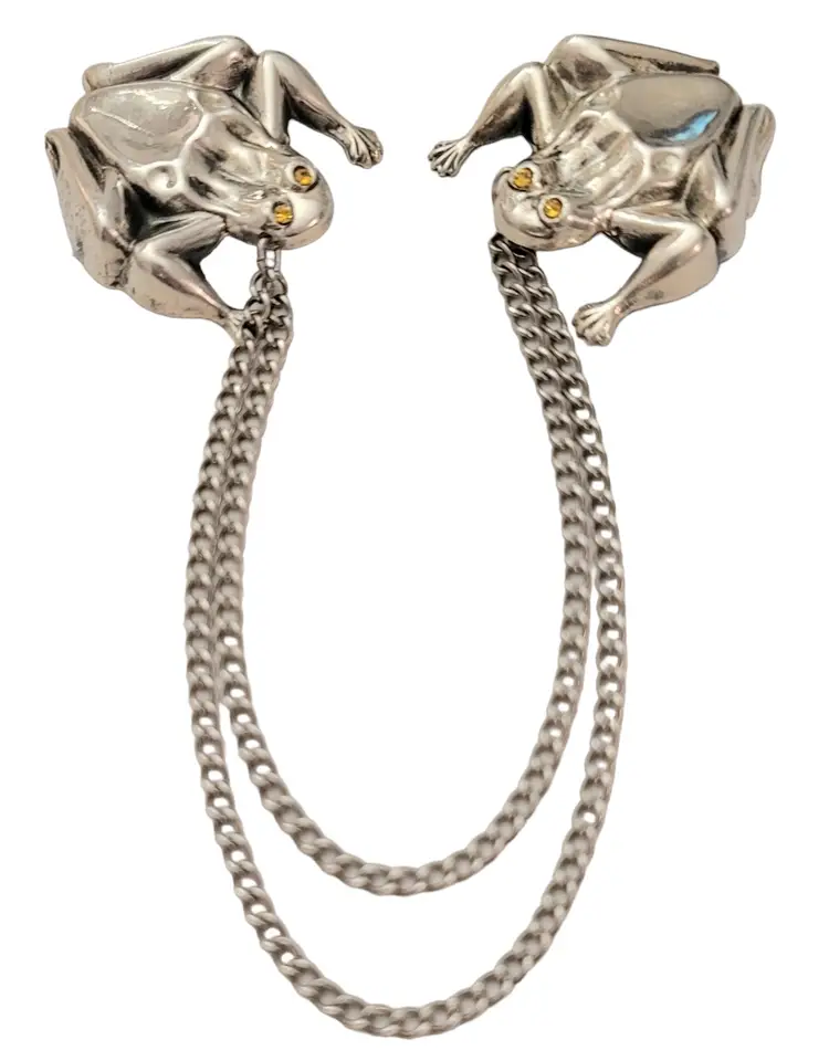 Sterling Silver Yellow Rhinestone Eyes Repousse Frog Chatelaine Brooch Pair, E681