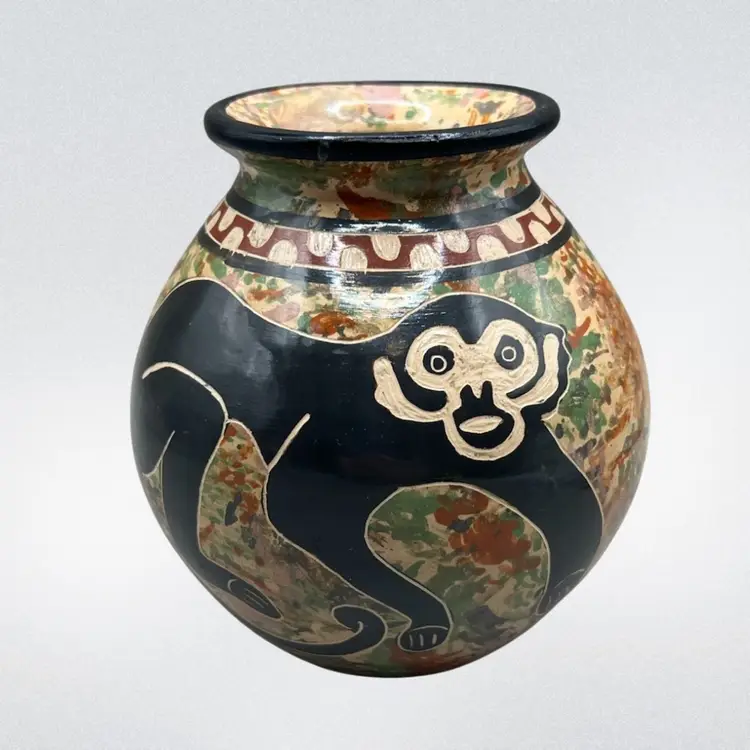 Costa Rican Pottery Vase With Monkey Hand Painted 4.5”