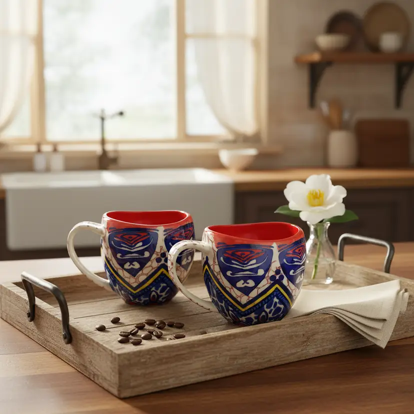Anthropologie Habari Aztec Printed Ceramic Glossy Coffee Meg in Red, White & Blue