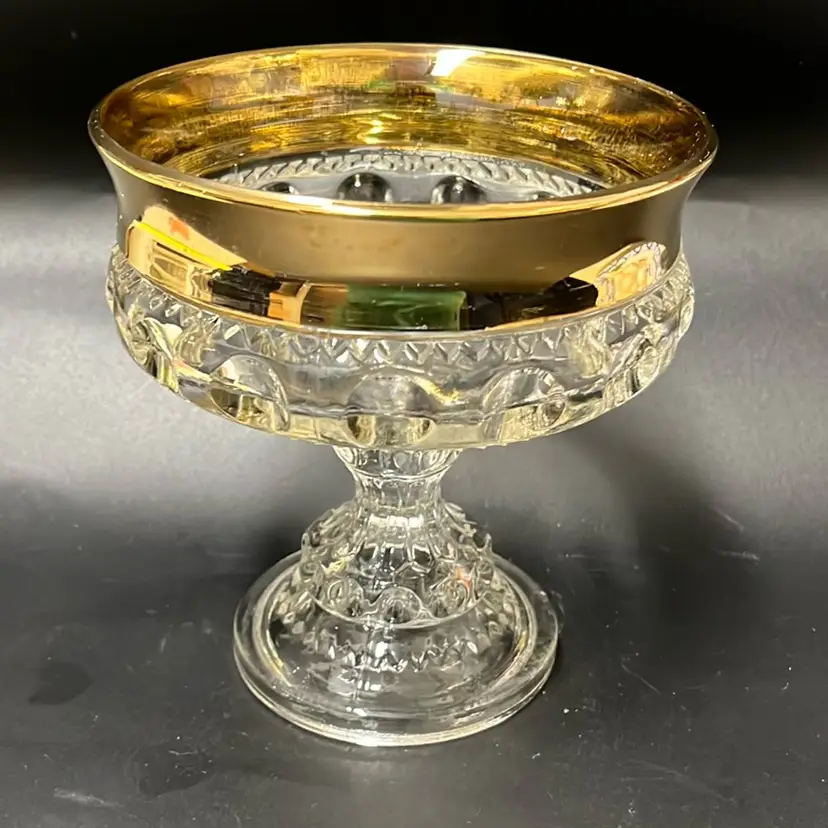 Vintage Kings Crown Gold Compote By Indiana Glass- 5.25” Tall, 5” Diameter