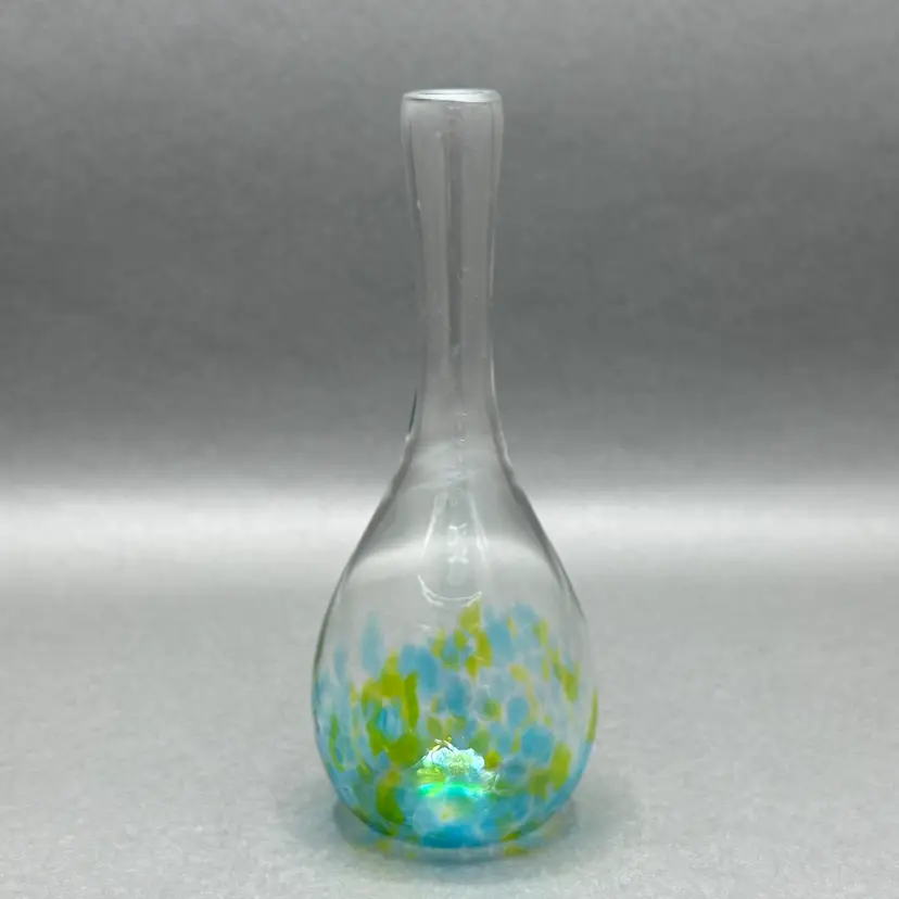Vintage Handblown Teardrop Glass Bud Vase With Green & Blue Confetti