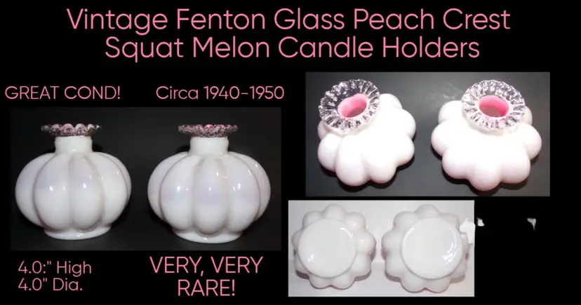 Vintage & Very Rare Fenton Peach Crest Glass Squat Melon Candle Holders