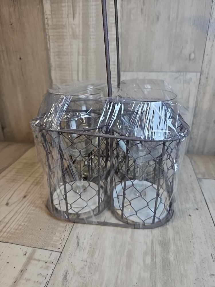Rustic Wire Wine Glass & Picnic Caddy – 6-Glass Holder with Wooden Handle NWOT