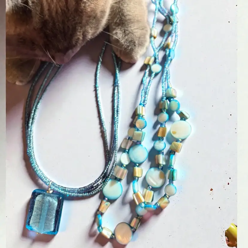 Lot Of 2 Multi-strand Aqua Glass Bead & Shell Necklaces - Miss Piggy Inspected & Approved 🤷🏼♀️