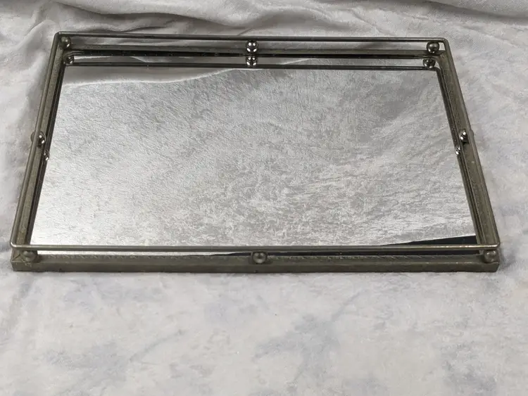 Vtg Square Brass Rail Mirror Vanity Dresser Tray MCM Hollywood Regency 13”x10” Bedroom bath decor Glass Display