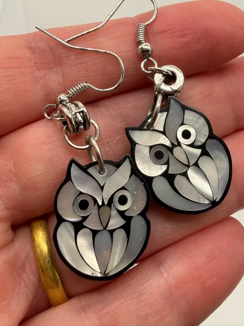 Owl Dangle Earrings Shell  Silver Tone