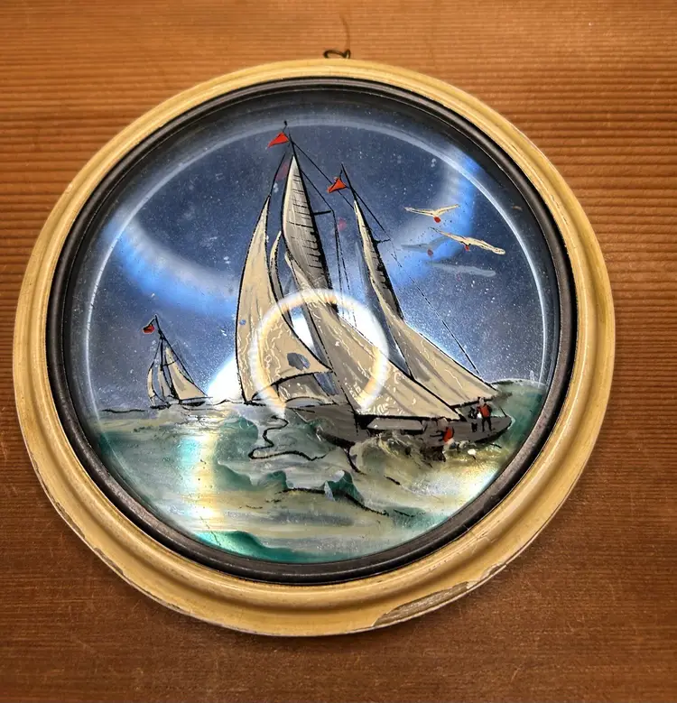 Vintage Reverse Painted Round Sailboats At Sea Gifted To Baby 12/24/37 On Back 7 1/2 Diameter Some Wear