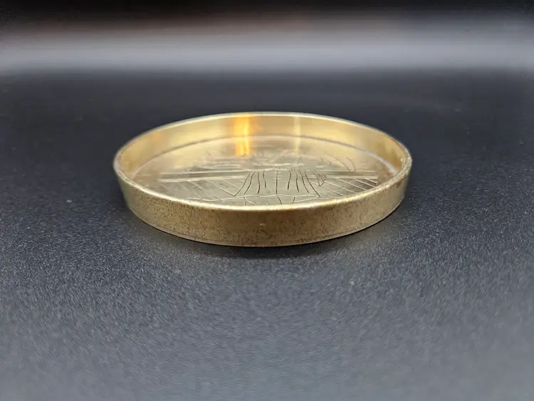 Vintage Chinese Brass Coaster Depicting Man Carrying Basket
