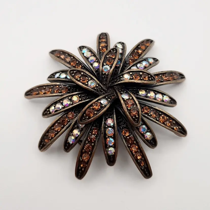 Premier Designs Amber Brown Clear Iridescent Crystal Rhinestone Starburst Flower Brooch Pin