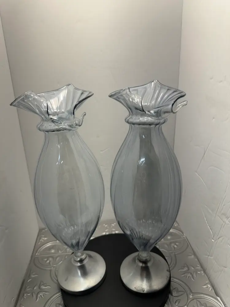 Pair of Vintage Empoli optic Ice blue hand blown jack n pulpit style vases